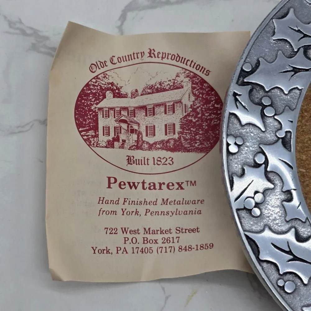Pewtarex Pewter Wine Bottle Coaster Holly Berry Pattern Cork Insert USA Made NEW